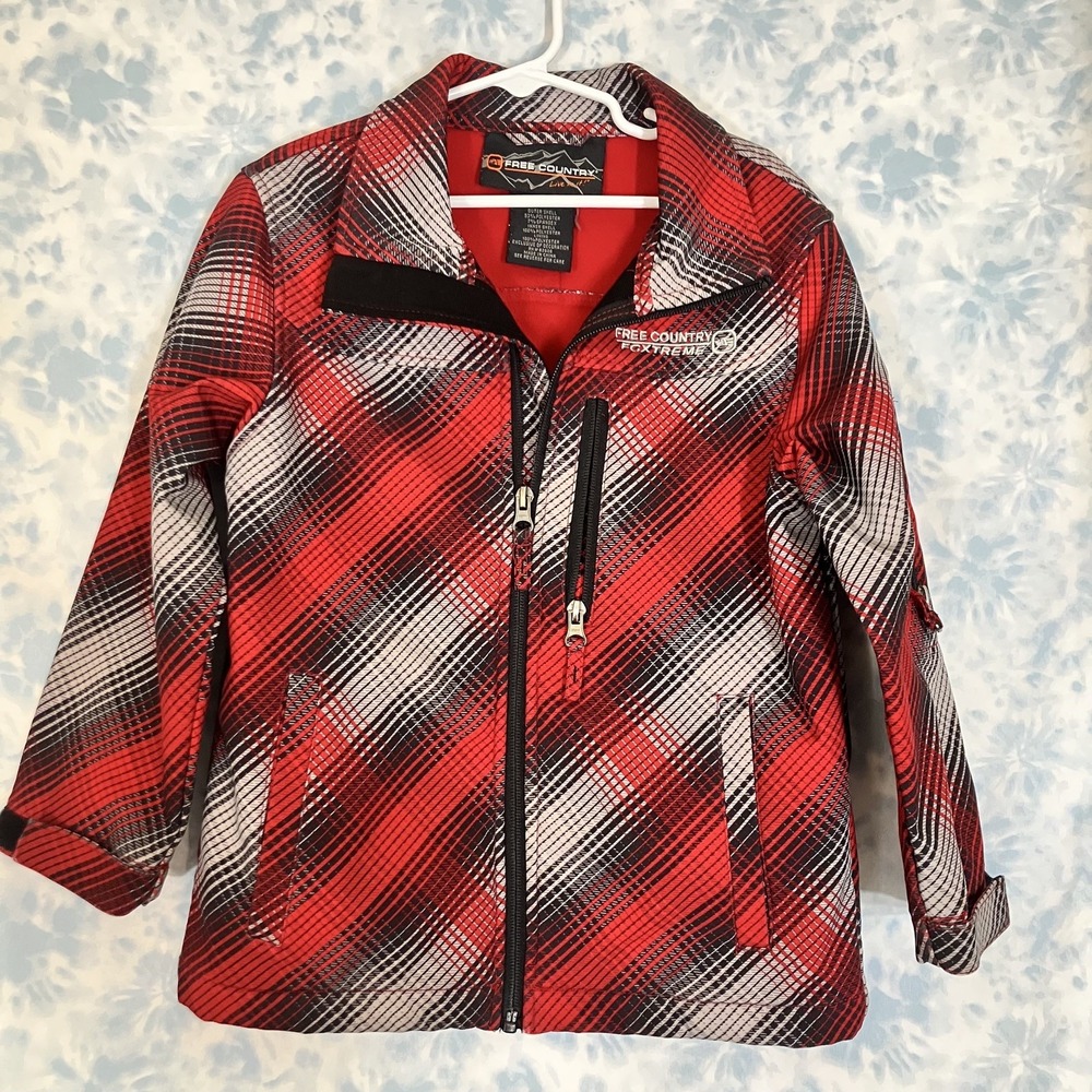 Free Country Red Plaid Jacket with Collar Boys Small (5) Full Zip, Fleece Lined